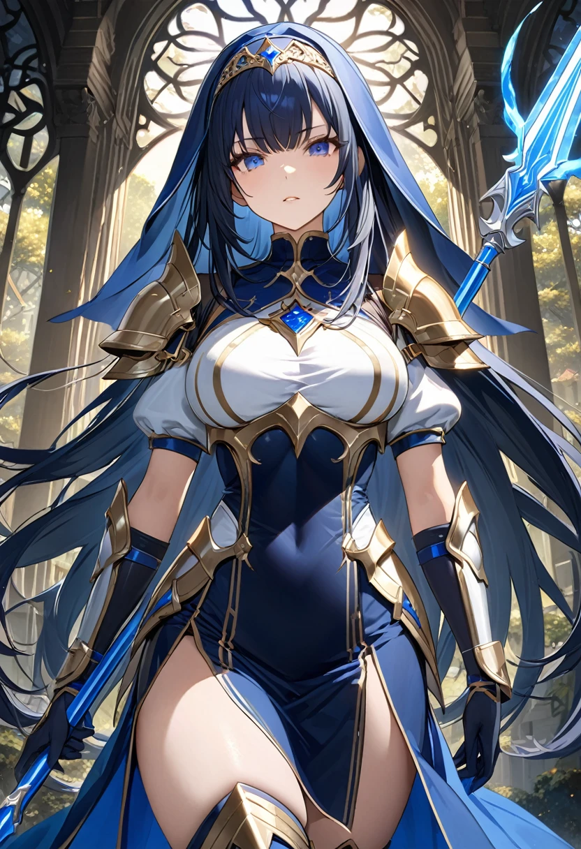 Highest quality、unity 8k wallpaper、32k、masterpiece、Very detailed、Ultra-high resolution、Very detailedな顔, RAW Photos, Professional, Ultra-fine painting, Warrior Saint、Midnight blue long straight hair、Platinum tiara with blue gemstones、Blue Nun Cape、Red Eyes、(Tree Eyes), Cool and sharp features, hime cut, 20~A female magical warrior, about 24 years old.、White and gold breastplate、Blue and white leotard、(((Blue and white gold-embellished long pencil skirt with side armor and long slits)))、Half puff sleeves with shoulder pads、A large white ribbon with a large sapphire on the chest、White and blue long gloves、(((White and blue thigh-high stiletto boots:1.0)))、whole body、He has a spear with a glowing blue blade