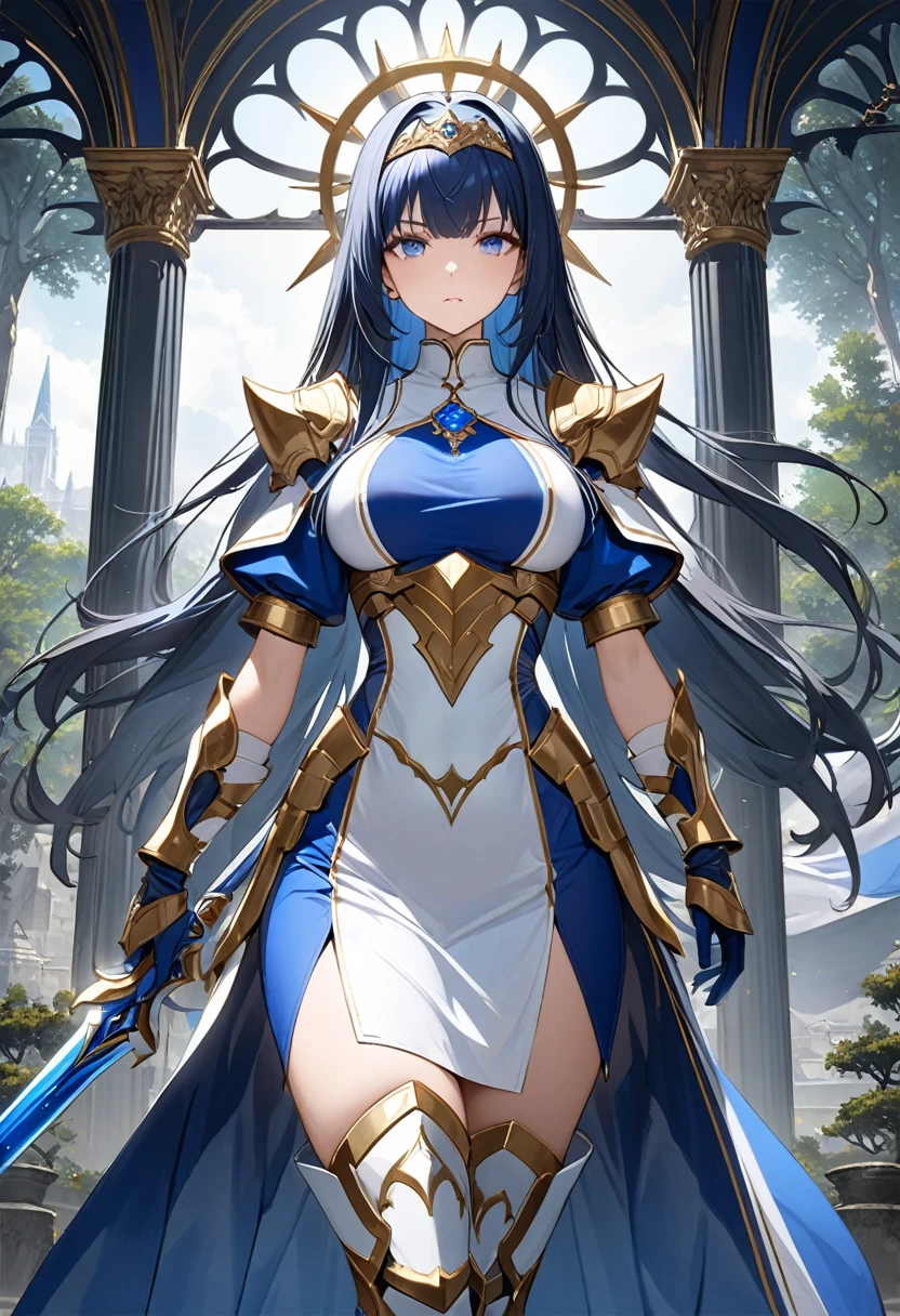 Highest quality、unity 8k wallpaper、32k、masterpiece、Very detailed、Ultra-high resolution、Very detailedな顔, RAW Photos, Professional, Ultra-fine painting,　Warrior Saint、Midnight blue long straight hair、Platinum tiara with blue gemstones、Blue Nun Cape、Red Eyes、(Tree Eyes), Cool and sharp features, hime cut, 20～A female magical warrior, about 24 years old.、White and gold breastplate、Blue and white leotard、(((Blue and white gold-embellished long pencil skirt with side armor and long slits)))、Half puff sleeves with shoulder pads、A large white ribbon with a large sapphire on the chest、White and blue long gloves、(((White and blue thigh-high stiletto boots:1.0)))、whole body、He has a spear with a glowing blue blade