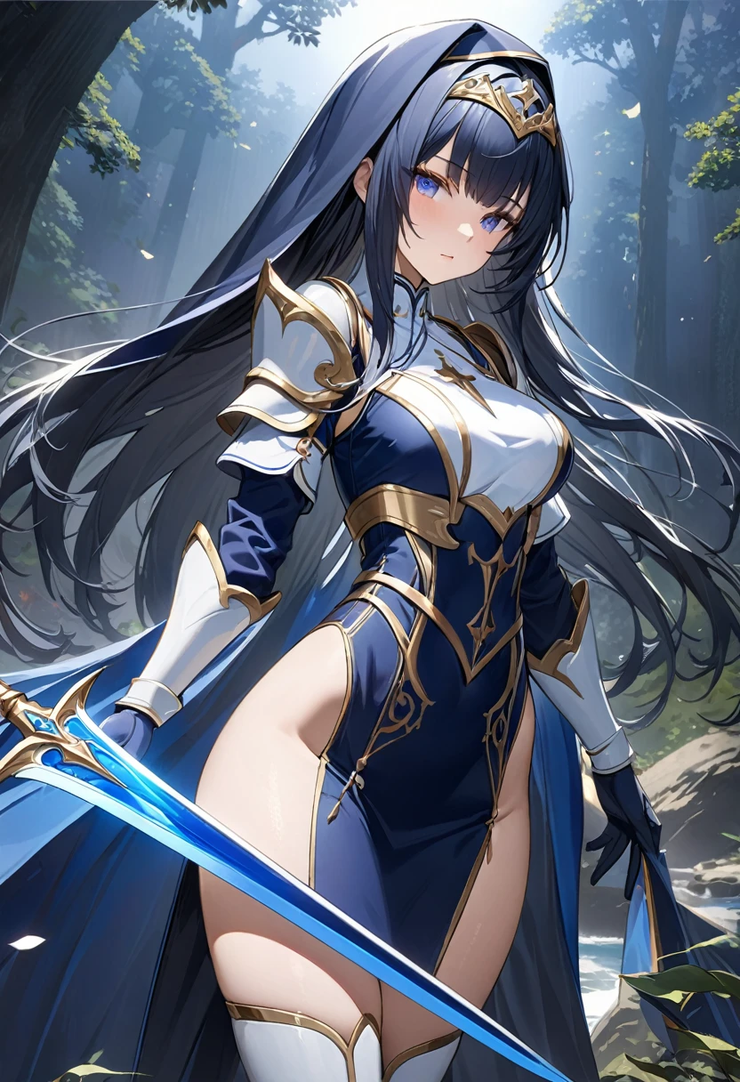 Highest quality、unity 8k wallpaper、32k、masterpiece、Very detailed、Ultra-high resolution、Very detailedな顔, RAW Photos, Professional, Ultra-fine painting, Warrior Saint、Midnight blue long straight hair、Platinum tiara with blue gemstones、Blue Nun Cape、Red Eyes、(Tree Eyes), Cool and sharp features, hime cut, 20~A female magical warrior, about 24 years old.、White and gold breastplate、Blue and white leotard、(((Blue and white gold-embellished long pencil skirt with side armor and long slits)))、Half puff sleeves with shoulder pads、A large white ribbon with a large sapphire on the chest、White and blue long gloves、(((White and blue thigh-high stiletto boots:1.0)))、whole body、He has a spear with a glowing blue blade