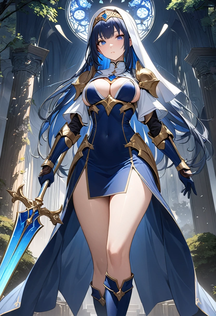 Highest quality、unity 8k wallpaper、32k、masterpiece、Very detailed、Ultra-high resolution、Very detailedな顔, RAW Photos, Professional, Ultra-fine painting, Warrior Saint、Midnight blue long straight hair、Platinum tiara with blue gemstones、Blue Nun Cape、Red Eyes、(Tree Eyes), Cool and sharp features, hime cut, 20~A female magical warrior, about 24 years old.、White and gold breastplate、Blue and white leotard、(((Blue and white gold-embellished long pencil skirt with side armor and long slits)))、Half puff sleeves with shoulder pads、A large white ribbon with a large sapphire on the chest、White and blue long gloves、(((White and blue thigh-high stiletto boots:1.0)))、whole body、He has a spear with a glowing blue blade
