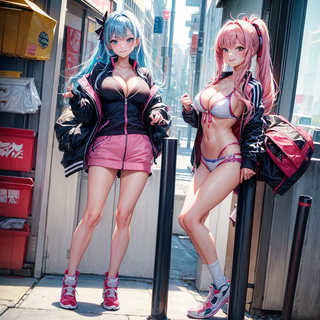 (best quality,8K,high school girl,zippered track jacket,smiling,gravure idol,Model,beautiful girl,down hair,alluring Multiple girls are depicted,uniform,cardigan,blazer,Ribbon on uniform,girl,masterpiece,highest masterpiece,long hair,perfect face,big bust,cleavage,erotic cute,sexy girl),Angelic cute girl,Naughty Girls,Too beautiful girl,Future Fashion,Cutting-edge fashion,Model,Full body image,perfection,Colorful,Girls Fashion,perfection,Colorful,3人の女の子が描かれている