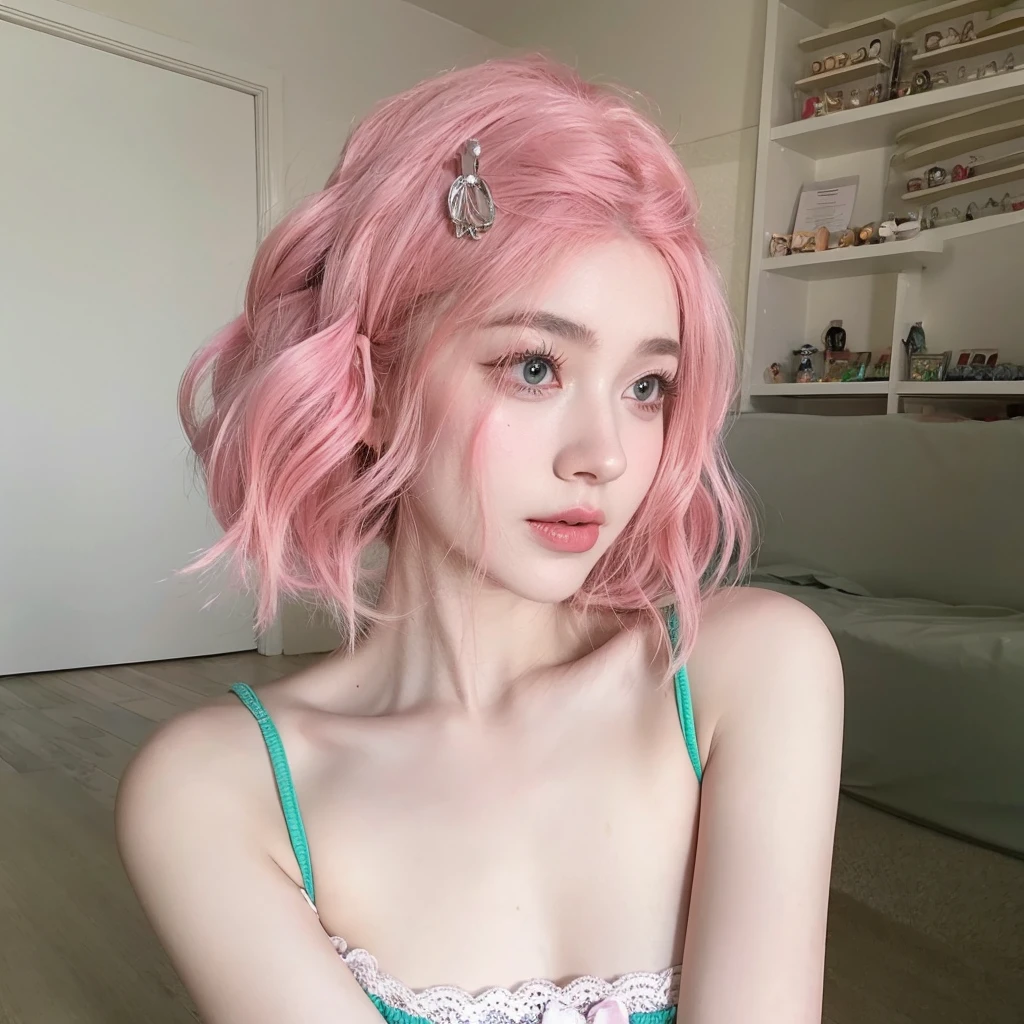 Pink short hair，Natural and beautiful hair，The background is simple and clean