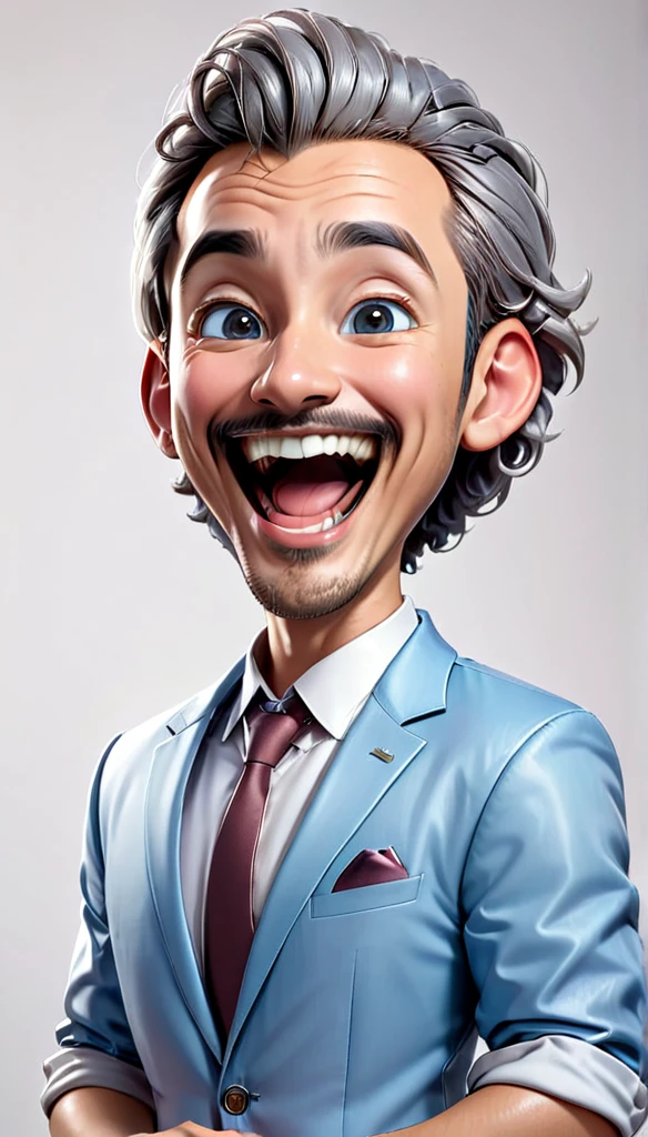 "Create a realistic full body 4D cartoon character with a big head, an 30 year old indonesian man with a happy and cheerful expression. Mouth wide open, He has a bald head with wavy gray hair on the sides, big ears, bushy eyebrows and a prominent mustache. He wearing a light blue blazer over a white shirt. The illustration should emphasize his wide, happy smile and friendly demeanor."