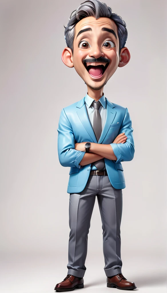 "Create a realistic full body 4D cartoon character with a big head, an 30 year old indonesian man with a happy and cheerful expression. Mouth wide open, He has a bald head with wavy gray hair on the sides, big ears, bushy eyebrows and a prominent mustache. He wearing a light blue blazer over a white shirt. The illustration should emphasize his wide, happy smile and friendly demeanor."