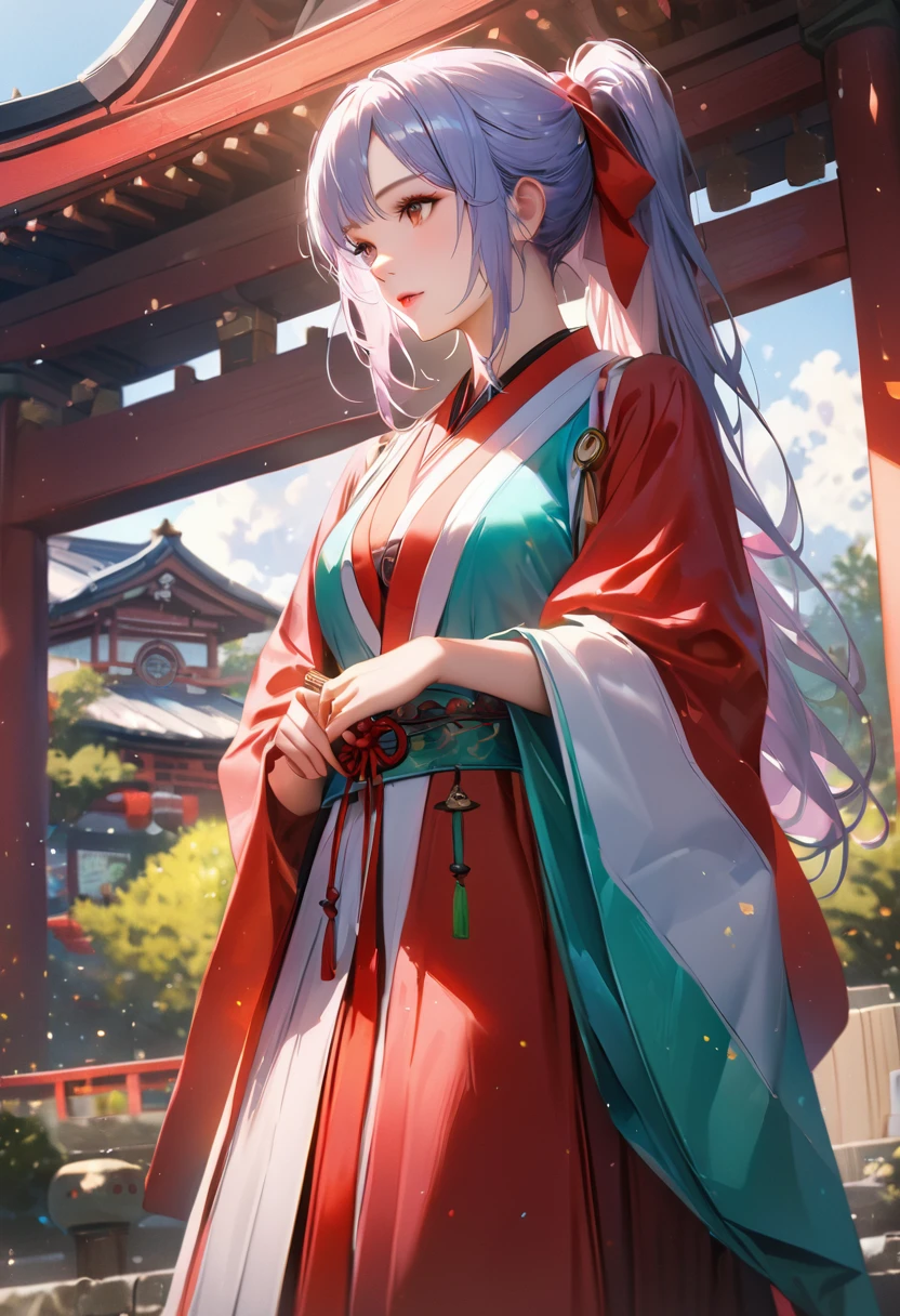 Shrine grounds, Clear sky with white clouds, Shrine maiden, Blur the background,young woman,ponytail,Holding a Japanese sword in an upright position,Glitter effect,Highest quality, 8K, High resolution, masterpiece:1.2, Very detailed, Realistic:1.37, High resolution, 超High resolution, Ultra-fine painting, Very detailed, Professional, Vibrant colors