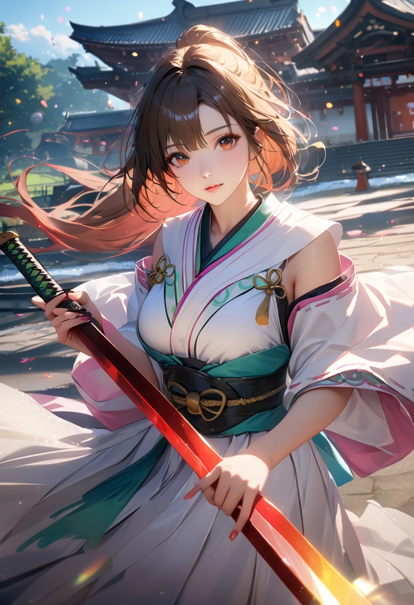 Shrine grounds, Clear sky with white clouds, Shrine maiden, Blur the background,young woman,ponytail,Holding a Japanese sword in an upright position,Glitter effect,Highest quality, 8K, High resolution, masterpiece:1.2, Very detailed, Realistic:1.37, High resolution, 超High resolution, Ultra-fine painting, Very detailed, Professional, Vibrant colors