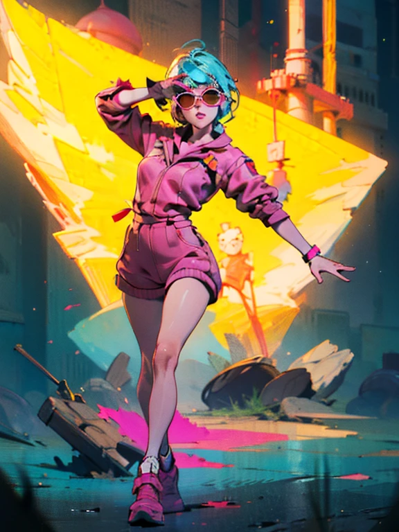 1girl, white jumpsuit, neon lines on clothing, cyberpunk, (best quality,4k,8k,highres,masterpiece:1.2),live stage, glowing line dress, oversized sunglasses, colorful punk hairstyle, full body portrait, dynamic dance
