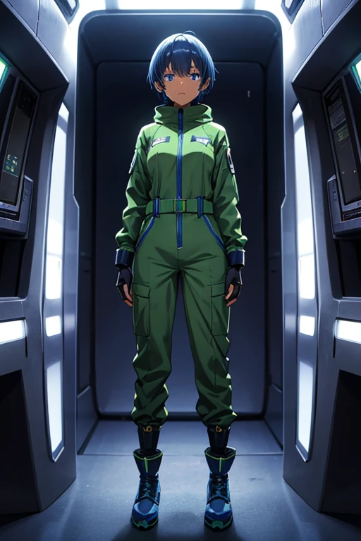 Anime Art、Full body portrait、Inside the spaceship、A dark-skinned woman, around 15 years old, standing upright, about 155cm tall, wearing a dark green jumpsuit、Crying face、Blue Eyes、Short medium hairstyle、Blue Hair、gloves、sports boots