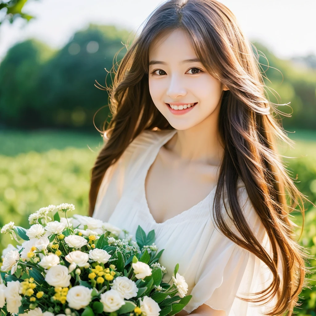 Create an image of a young woman around 25 years old, inspired by the provided image. The woman should have long, flowing hair and a gentle smile, holding a bouquet of flowers similar to the one in the reference. The setting should be a beautiful outdoor environment with greenery in the background, reminiscent of a sunny day. The woman should have a slightly more mature appearance while maintaining a warm and friendly expression. Ensure the lighting and color tones are soft and natural, highlighting her youthful yet mature beauty.