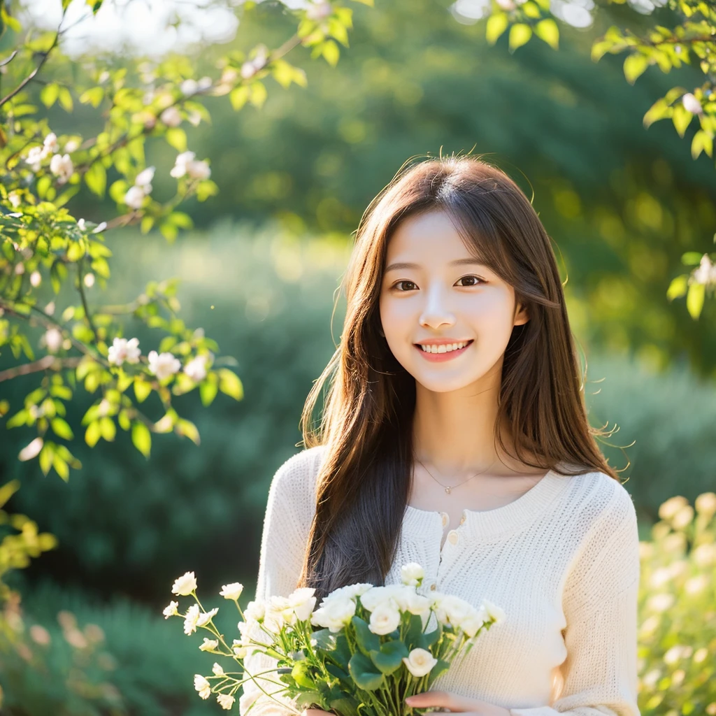 Create an image of a young woman around 25 years old, inspired by the provided image. The woman should have long, flowing hair and a gentle smile, holding a bouquet of flowers similar to the one in the reference. The setting should be a beautiful outdoor environment with greenery in the background, reminiscent of a sunny day. The woman should have a slightly more mature appearance while maintaining a warm and friendly expression. Ensure the lighting and color tones are soft and natural, highlighting her youthful yet mature beauty.