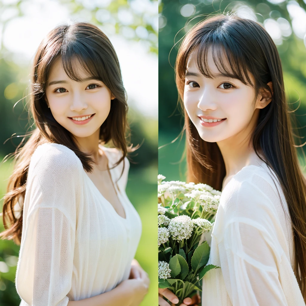 Create an image of a young woman around 25 years old, inspired by the provided image. The woman should have long, flowing hair and a gentle smile, holding a bouquet of flowers similar to the one in the reference. The setting should be a beautiful outdoor environment with greenery in the background, reminiscent of a sunny day. The woman should have a slightly more mature appearance while maintaining a warm and friendly expression. Ensure the lighting and color tones are soft and natural, highlighting her youthful yet mature beauty.
