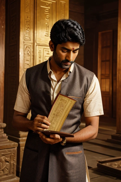 Aditya Opening an Ancient Book: Aditya reading an ancient book placed near the chest, revealing the key to unlock the chest in the temple

