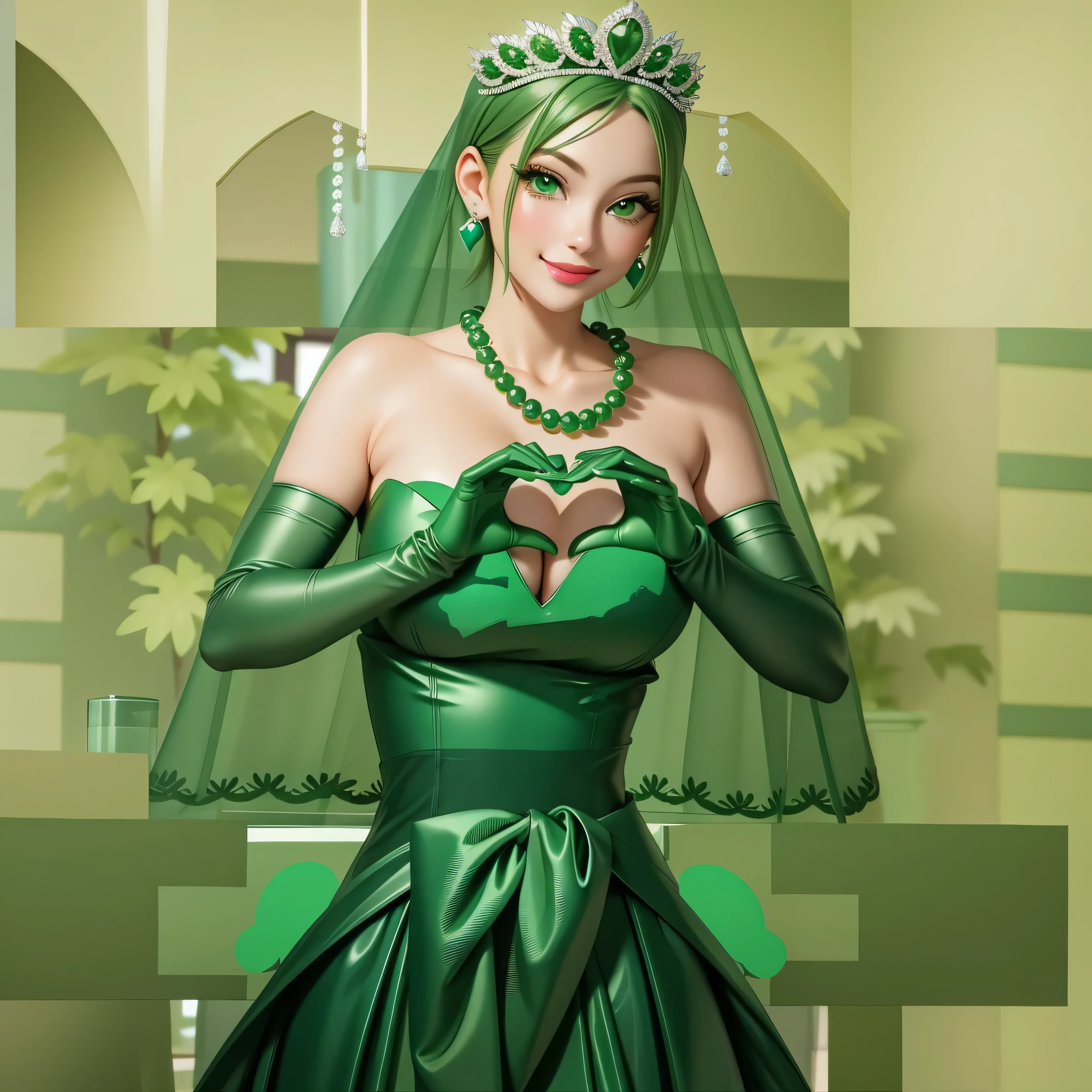 emerald tiara, Green Pearl Necklace, Boyish very short green hair, Green Lips, Smiling Japanese woman, Very short hair, Busty beautiful lady, Green Eyes, Green satin long gloves, Green Eyes, Emerald Earrings, Green veil, Heart with both hands, Green Hair, Beautiful Japanese Women, Heart shaped hands:1.3, green lip gloss