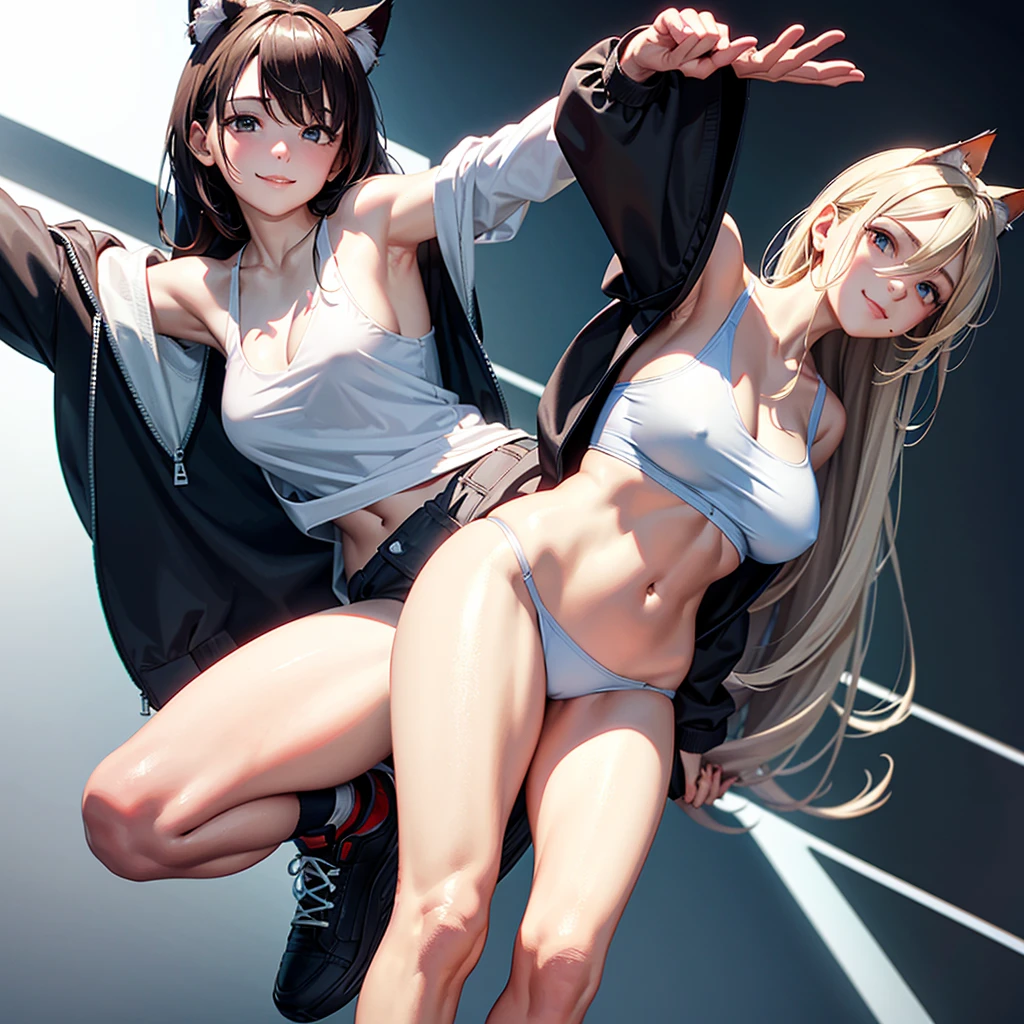 ((masterpiece, Highest_quality)), One girl, (Realistic:1.4), alone, white_background, brown_hair, length_hair, absolute_ryouiki, ((full_body)),Large hooded jacket_The zipper is closed only at the bottom、The belly button is visible、Short tank top_black、Cat ear、The clavicle is visible、It has a big tail、Big sneakers((Hold your hands in front of your face)、((Leaning forward)),Front face、smile、Reaching arms forward