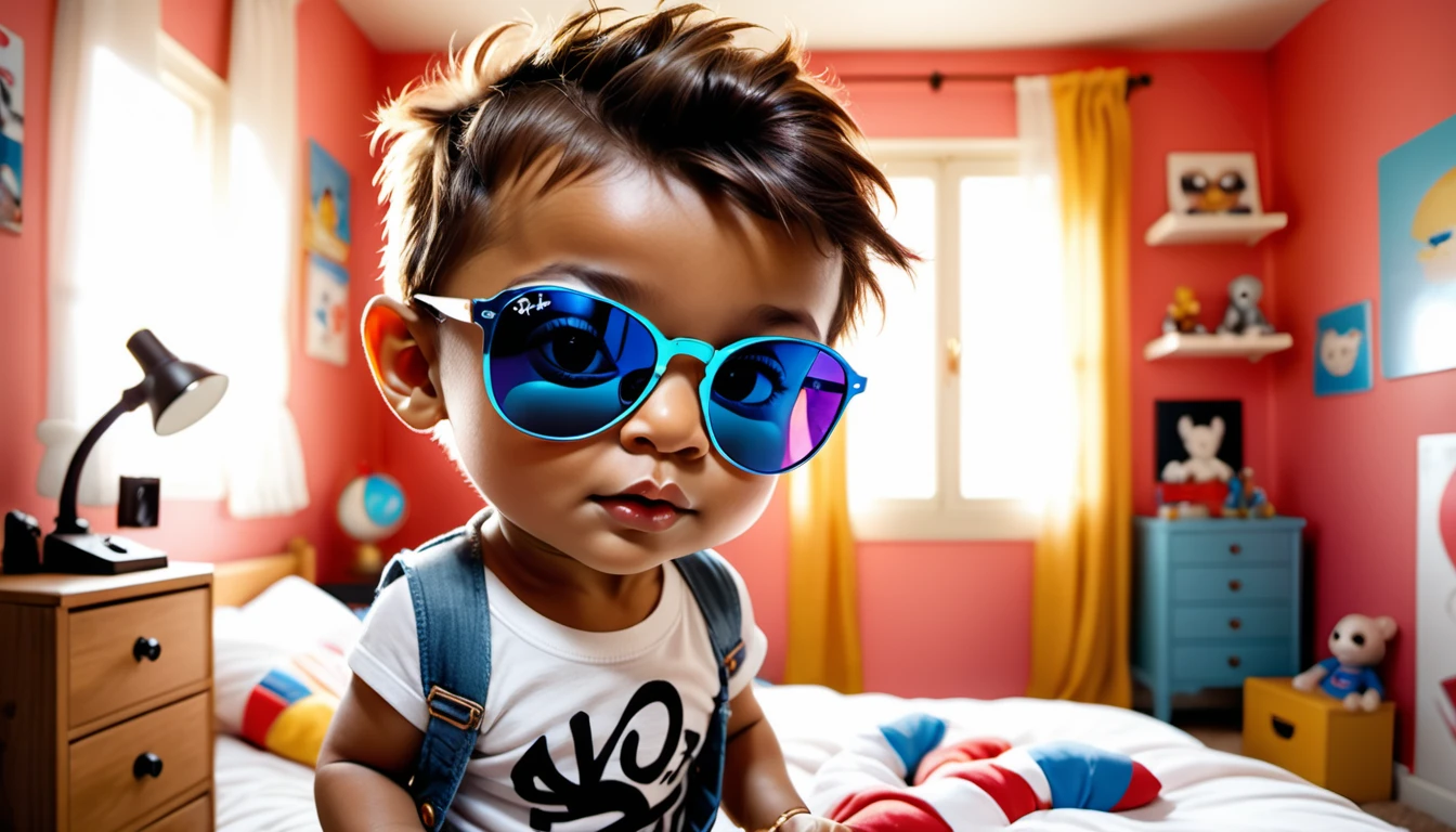 (style de film photo), cute little baby boy , sunglasses ray-ban, in her bedroom, study, 2d, colored, Ambiance chaleureuse, Glittering, Jean-Baptiste Monge style, in the way of'Alan Lee