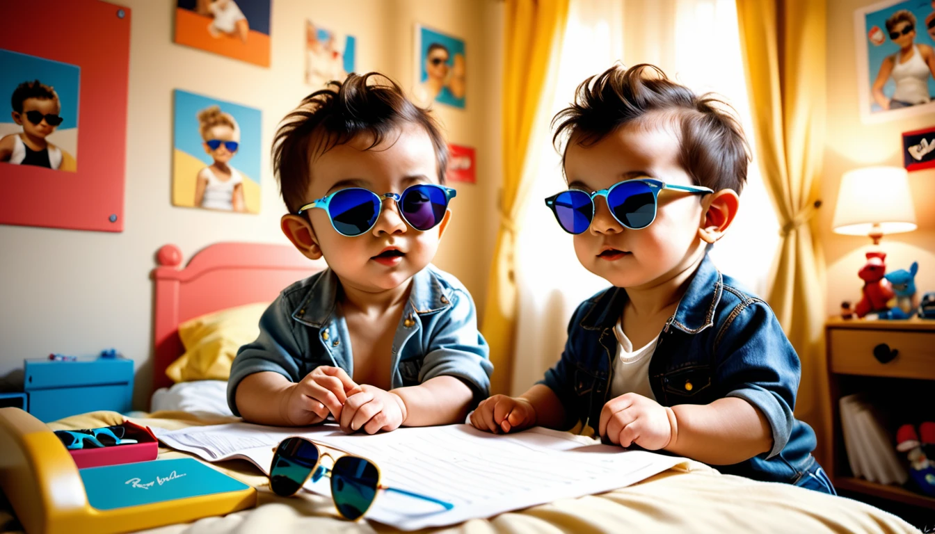 (style de film photo), cute little baby boy , sunglasses ray-ban, in her bedroom, study, 2d, colored, Ambiance chaleureuse, Glittering, Jean-Baptiste Monge style, in the way of'Alan Lee