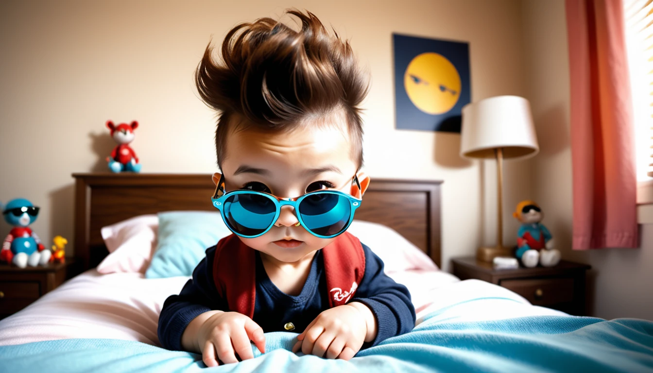 (style de film photo), cute little baby boy , sunglasses ray-ban, in her bedroom, study, 2d, colored, Ambiance chaleureuse, Glittering, Jean-Baptiste Monge style, in the way of&#39;Alan Lee