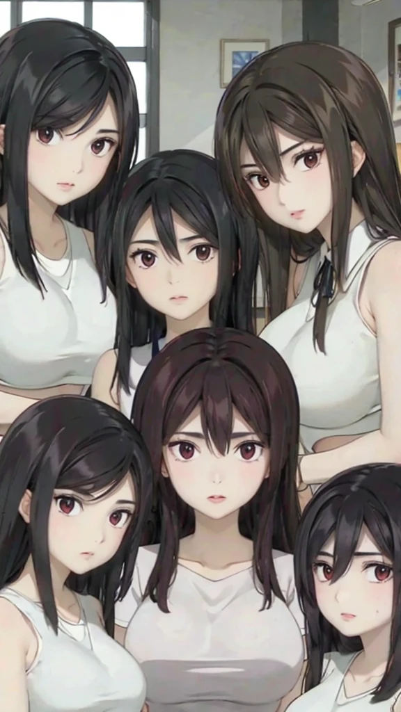 Mommy with 4 daughters,black hair, long hair, messy hair, hair between eyes, chubby cheek,Sexy lips, pucker lips