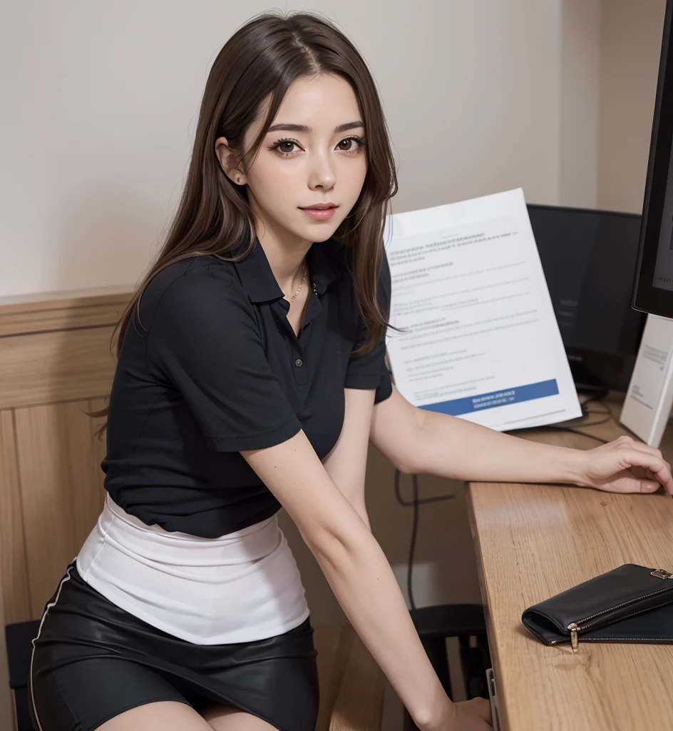 Masutepiece, highest quality, high resolution, Eleonora Pavinato, 30 years old, younger headshot, looking cute, nice pose, beautiful busty girl, long straight black hair, very sexy secretary in office reloading on desk. polo shirt, tight black miniskirt, full length