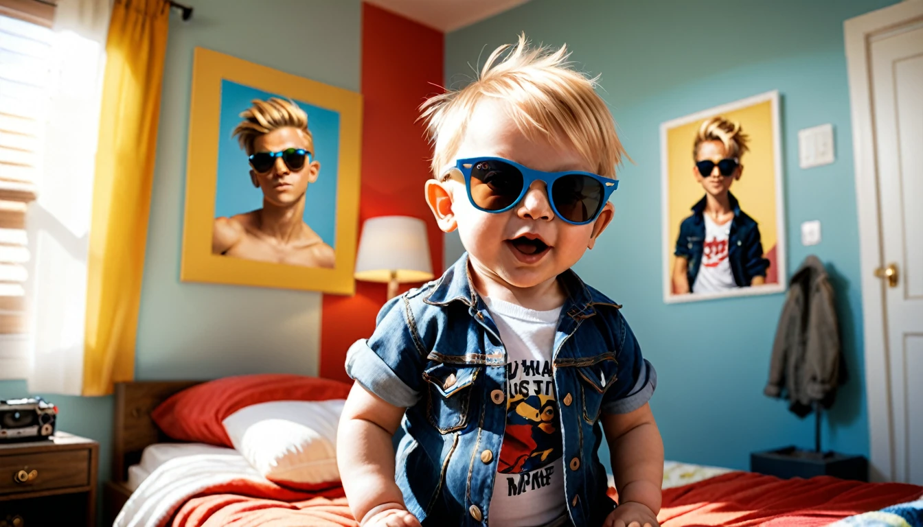 (style de film photo), cute  blond hair , sunglasses ray-ban, dans sa chambre, étudier, 2D, coloré, Ambiance chaleureuse, brillant, Jean-Baptiste Monge style, À la manière d&#39;Alan Lee