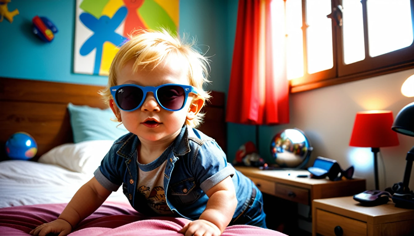 (style de film photo), cute little baby boy blond hair , sunglasses ray-ban, dans sa chambre, étudier, 2D, coloré, Ambiance chaleureuse, brillant, Jean-Baptiste Monge style, À la manière d'Alan Lee