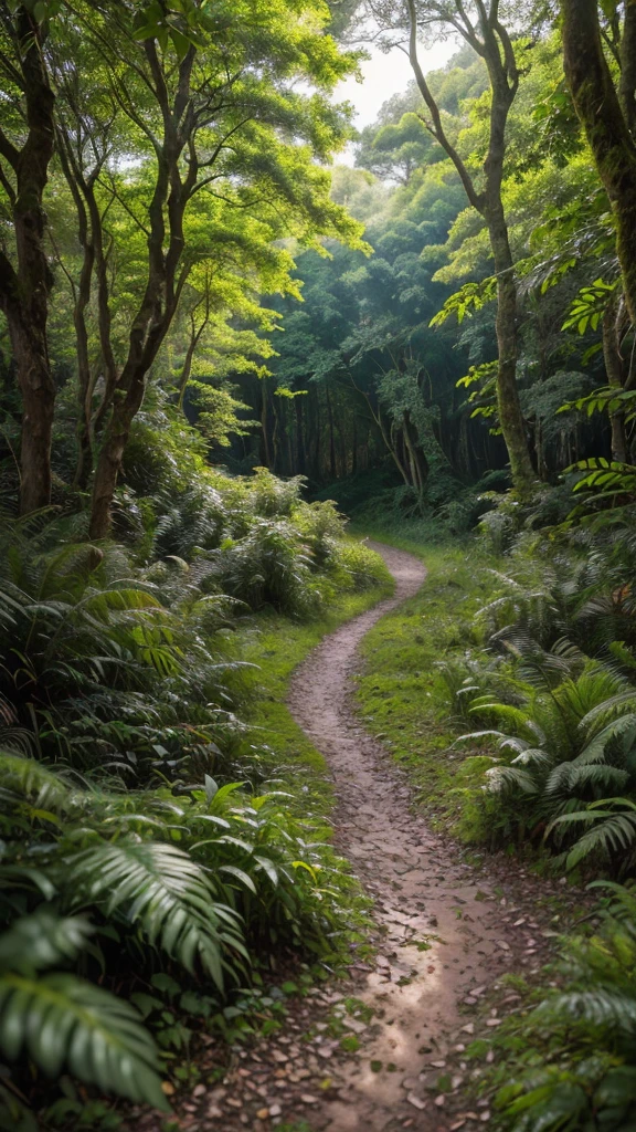a lush green forest, dense foliage, sunlight filtering through the leaves, detailed tree bark textures, mossy ground, winding path, deer walking through the undergrowth, birds flying overhead, (best quality,4k,8k,highres,masterpiece:1.2),ultra-detailed,(realistic,photorealistic,photo-realistic:1.37),intricate details,vibrant colors,natural lighting,environmental portrait