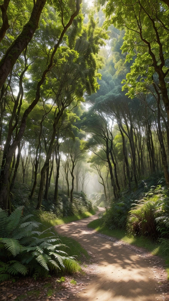 a lush green forest, dense foliage, sunlight filtering through the leaves, detailed tree bark textures, mossy ground, winding path, deer walking through the undergrowth, birds flying overhead, (best quality,4k,8k,highres,masterpiece:1.2),ultra-detailed,(realistic,photorealistic,photo-realistic:1.37),intricate details,vibrant colors,natural lighting,environmental portrait