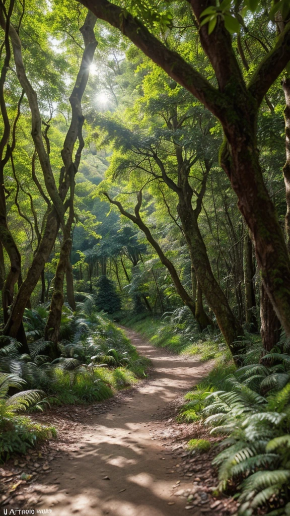a lush green forest, dense foliage, sunlight filtering through the leaves, detailed tree bark textures, mossy ground, winding path, deer walking through the undergrowth, birds flying overhead, (best quality,4k,8k,highres,masterpiece:1.2),ultra-detailed,(realistic,photorealistic,photo-realistic:1.37),intricate details,vibrant colors,natural lighting,environmental portrait