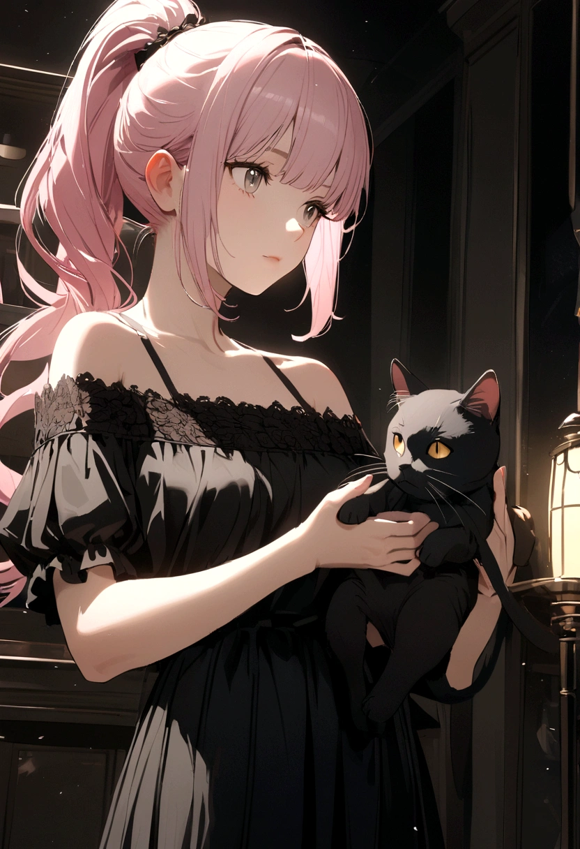 girl with light pink hair, high ponytail, yellow glasses, gray eyes, black shirt, off-shoulder, holding a black stuffed cat, white phone