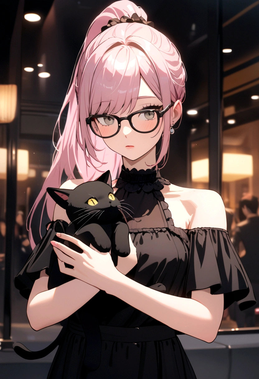 girl with light pink hair, high ponytail, yellow glasses, gray eyes, black shirt, off-shoulder, holding a black stuffed cat, white phone