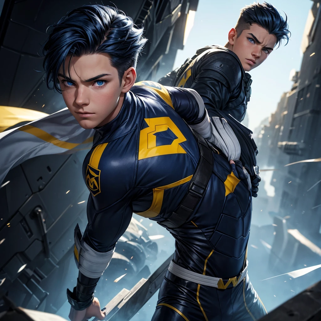 A white boy with enough strength aspires to be a hero like his father but he cannot control his power since his power is explosives. The boy's hair is navy blue with a white streak, his eyes a very bright yellow color. the boy is 15 years old