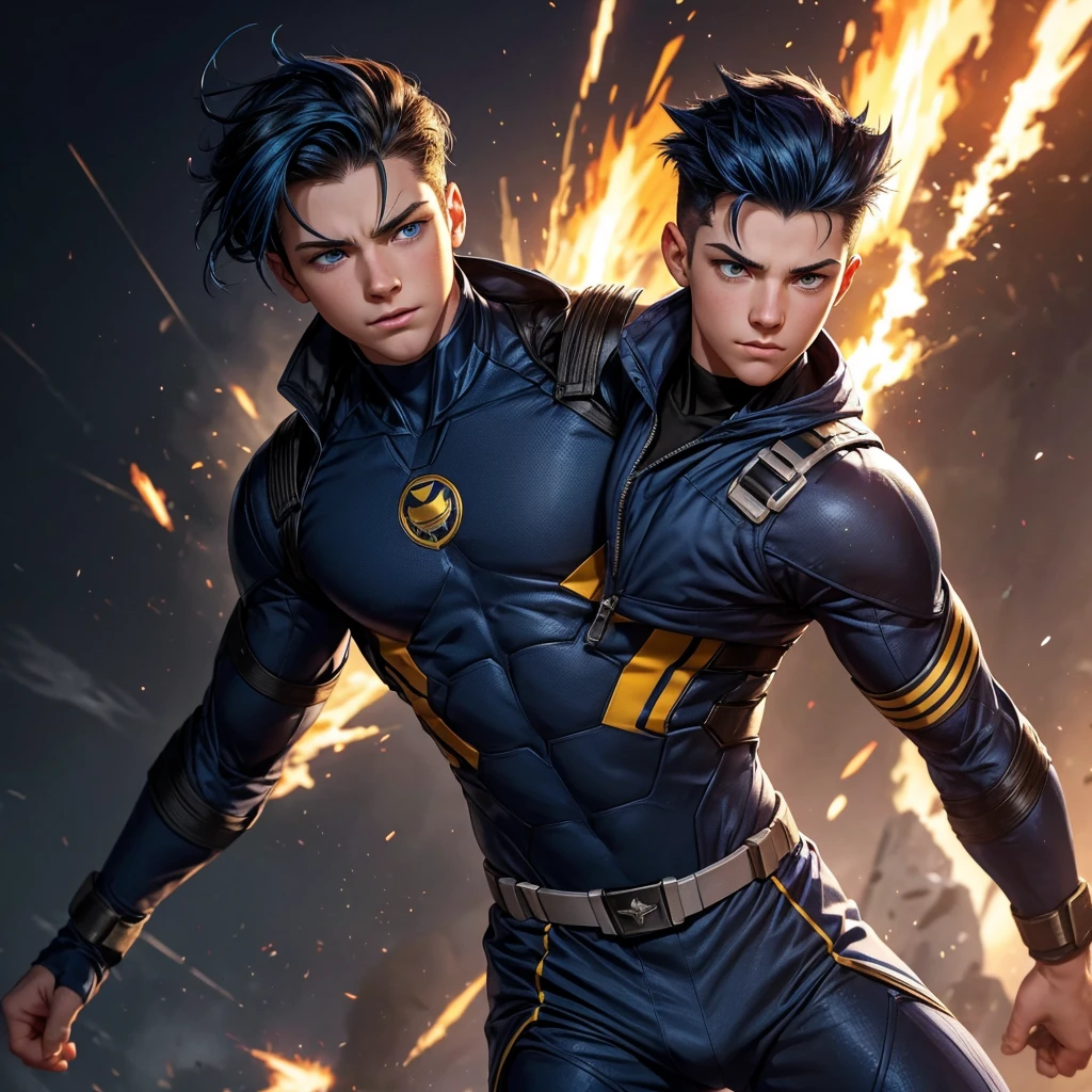 A white boy with enough strength aspires to be a hero like his father but he cannot control his power since his power is explosives. The boy's hair is navy blue with a white streak, his eyes a very bright yellow color. the boy is 15 years old