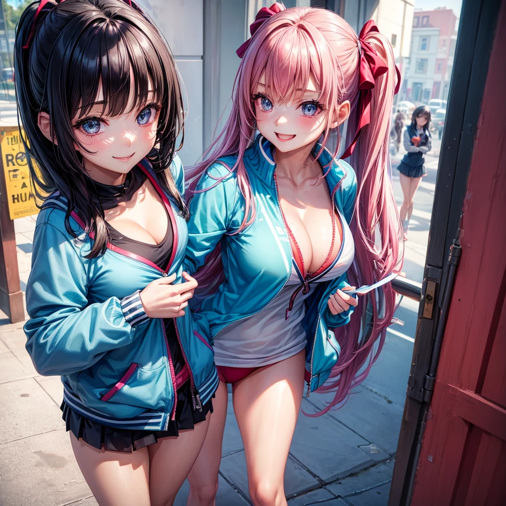 (best quality,8K,high school girl,zippered track jacket,smiling,gravure idol,Model,beautiful girl,down hair,alluring Multiple girls are depicted，uniform，cardigan，blazer，Ribbon on uniform，girl,masterpiece,highest masterpiece,long hair,perfect face,big bust,cleavage,erotic cute,sexy girl)，Angelic cute girl，Naughty Girls，Too beautiful girl，Future Fashion，Cutting-edge fashion，Model，Full body image，perfection，Colorful，Girls Fashion，perfection，Colorful，３人の女の子が描かれている