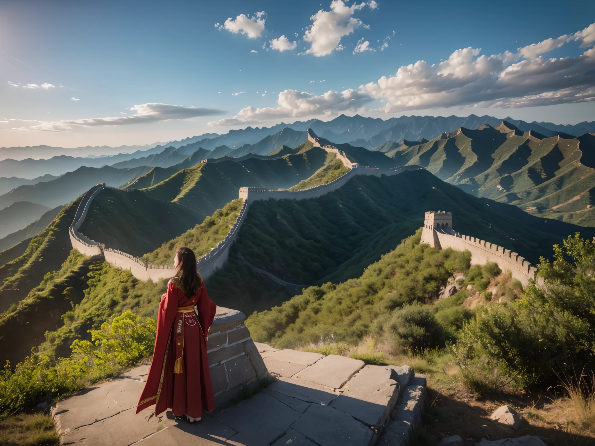 A dramatic, cinematic landscape of the Great Wall of China winding through a rugged, mountainous terrain, 1 girl in traditional Chinese clothing standing atop the wall, looking out over the vast expanse, (best quality,4k,8k,highres,masterpiece:1.2),ultra-detailed,(realistic,photorealistic,photo-realistic:1.37),dramatic lighting,warm color palette,detailed clouds in the sky, lush greenery surrounding the wall,stunning vista,ancient architecture,historic landmark