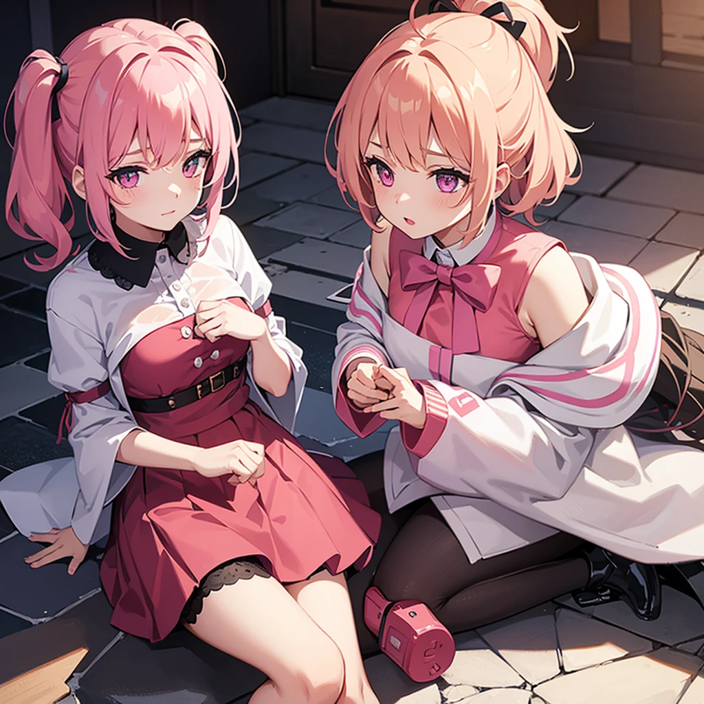 1 woman, Short hair, pink hair, purple eyes, hair above one eye, black shirt, white collar, red tie, Two-tone jacket, white jacket, gray sleeves, long sleeves, skirt, pantyhose, outdoors, seat, park, off shoulder, bare shoulders, popsicle score_9, score_8_consolation, score_7_consolation, score_6_consolation, score_5_consolation, score_4_consolation, BREAK Source_japanese cartoon movies, masterpiece,꽉끼는 skirt, A beautiful smile, office job,