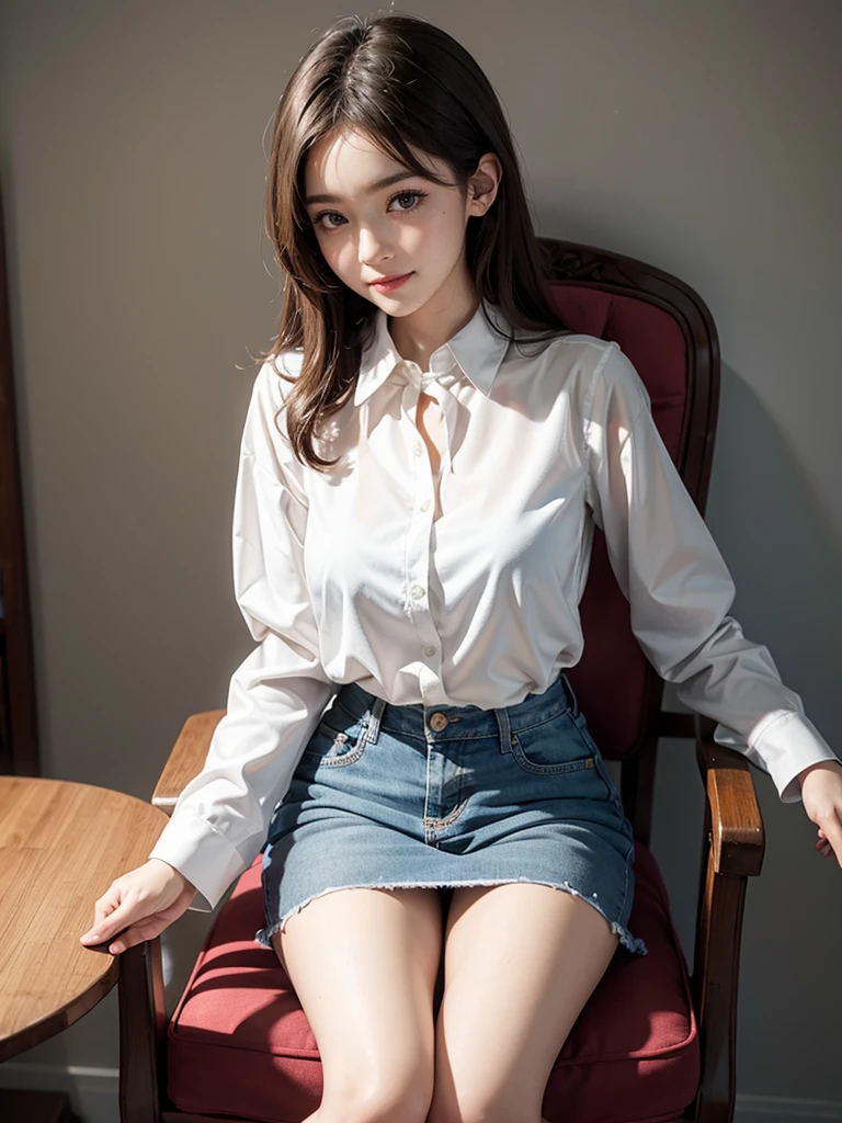 raw photo, 1girl, cute face, beautiful face, medium , collared blouse, White blouse, light smile, detailed skin, simple background, Above the knee, sit on a chair, Seductive pose, photorealistic, masterpiece, best quality, anatomically correct