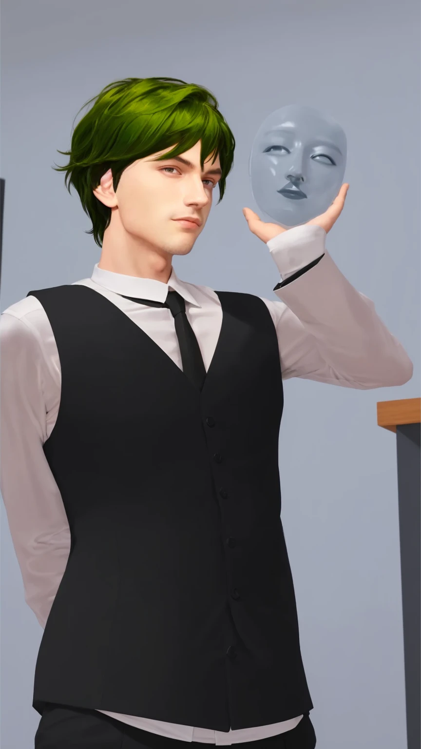 Create a realistic depiction of a young man with greenish hair styled in a casual, tousled look. He is wearing a formal outfit consisting of a white shirt with a black tie and a black vest. He holds a translucent mask with a smiling face in his left hand, looking at it with a confident and slightly mischievous expression. The background is a simple, neutral-toned interior setting.
