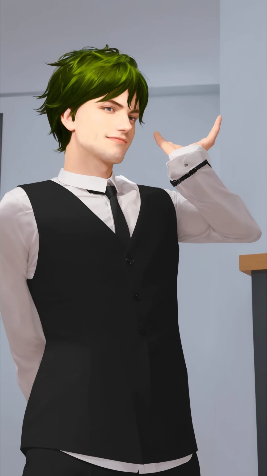 Create a realistic depiction of a young man with greenish hair styled in a casual, tousled look. He is wearing a formal outfit consisting of a white shirt with a black tie and a black vest. He holds a translucent mask with a smiling face in his left hand, looking at it with a confident and slightly mischievous expression. The background is a simple, neutral-toned interior setting.