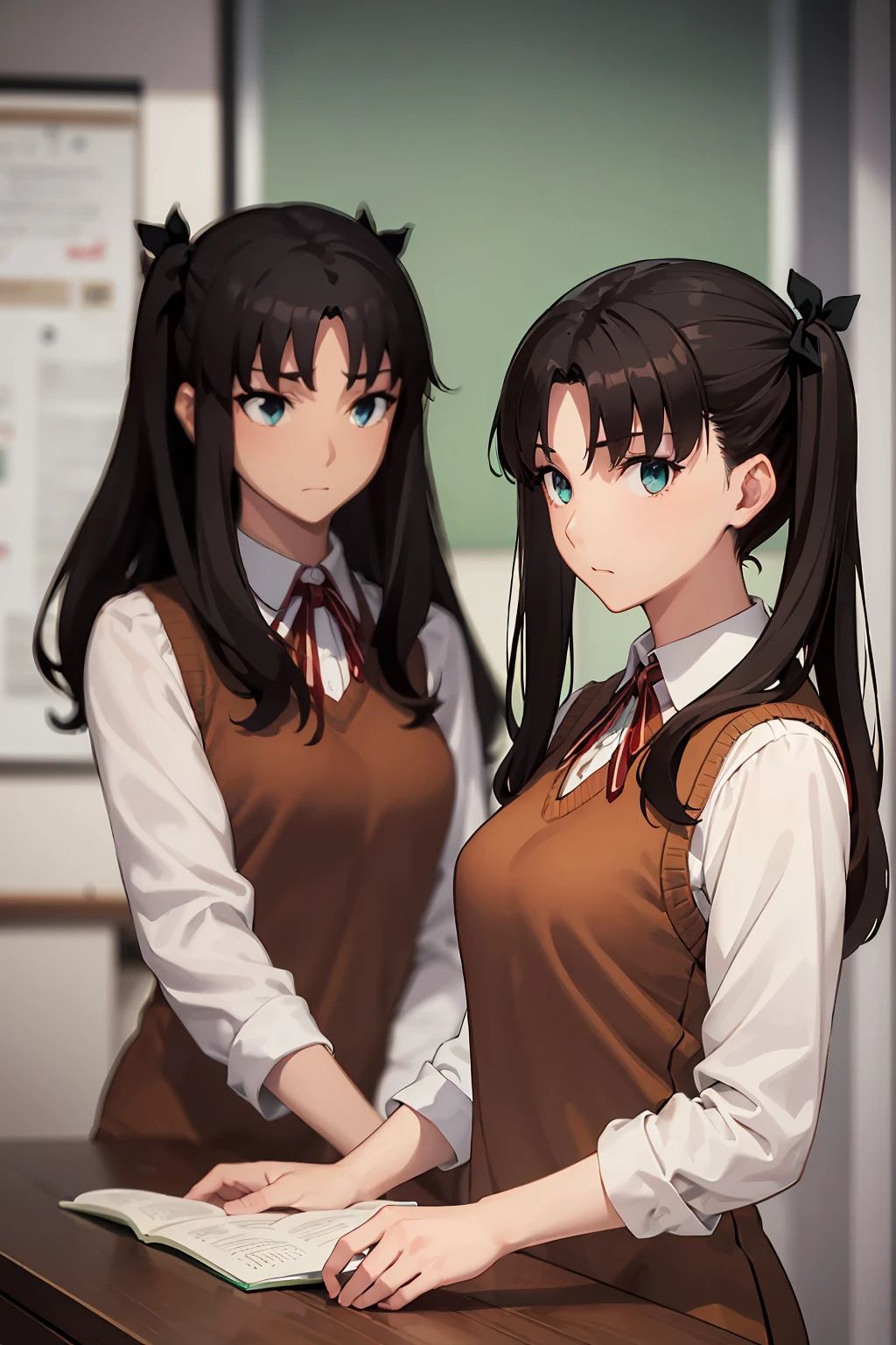 Tohsaka Rin, Tohsaka Rin, Aqua Eye, (Black Hair:1.5), hair ribbon, Long Hair, ribbon, Side Lock, Both sides up, (Parted bangs:1.5),
break (brown Sweater vest:1.2), collared shirt, Homurahara Academy uniform, neck ribbon, red ribbon, ribbon, , shirt, Sweater vest, white shirt,
break indoors, classroom,
break looking at viewer, (Cowboy Shot:1.5)
break (masterpiece:1.2), Highest quality, High resolution, unity 8k wallpaper, (figure:0.8), (Beautiful attention to detail:1.6), Highly detailed face, Perfect lighting, Highly detailed CG, (Perfect hands, Perfect Anatomy),