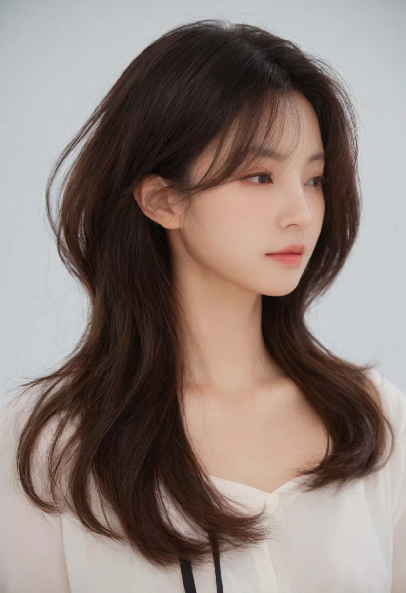Best Quality, 8k, Masterpiece, (Portrait: 1.3), (photo realistic:1.4), (hyper realistic:1.4), Sharp Focus, looking at viewer, (smoother lighting:1.1), (increase cinematic lighting quality:0.9), realistic lighting, backlighting, light on face, ray trace, (brightening light:1.2), (Increase quality:1.4), sharp detail, (best quality real texture skin:1.4), finely detailed eyes, black_eyes, finely detailed face, 25 year old Korean woman, (white formal_shirt:1.4), (Create an image maintaining the original base model hairstyle:1.5)
