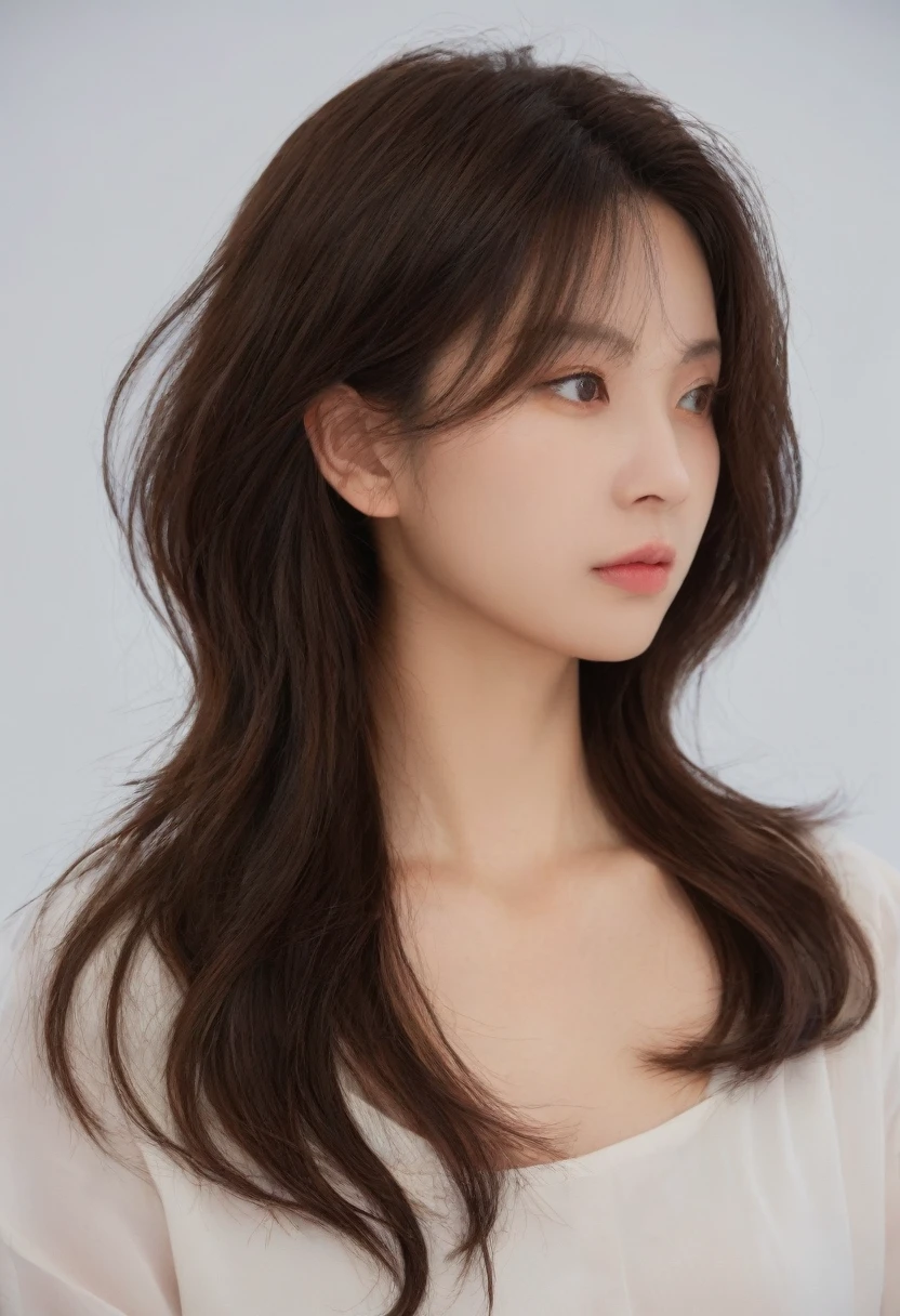 Best Quality, 8k, Masterpiece, (Portrait: 1.3), (photo realistic:1.4), (hyper realistic:1.4), Sharp Focus, looking at viewer, (smoother lighting:1.1), (increase cinematic lighting quality:0.9), realistic lighting, backlighting, light on face, ray trace, (brightening light:1.2), (Increase quality:1.4), sharp detail, (best quality real texture skin:1.4), finely detailed eyes, black_eyes, finely detailed face, 25 year old Korean woman, (white formal_shirt:1.4), (Create an image maintaining the original base model hairstyle:1.5)