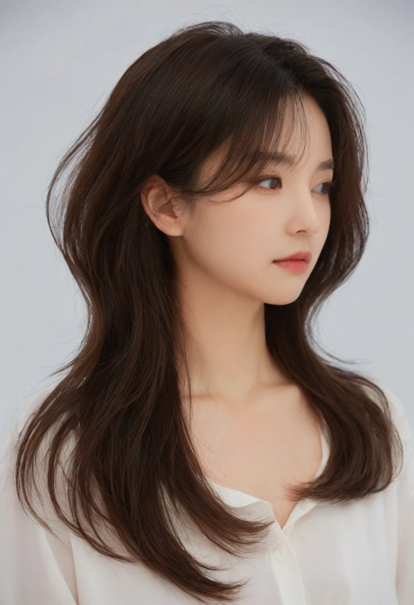 Best Quality, 8k, Masterpiece, (Portrait: 1.3), (photo realistic:1.4), (hyper realistic:1.4), Sharp Focus, looking at viewer, (smoother lighting:1.1), (increase cinematic lighting quality:0.9), realistic lighting, backlighting, light on face, ray trace, (brightening light:1.2), (Increase quality:1.4), sharp detail, (best quality real texture skin:1.4), finely detailed eyes, black_eyes, finely detailed face, 25 year old Korean woman, (white formal_shirt:1.4), (Create an image maintaining the original base model hairstyle:1.5)