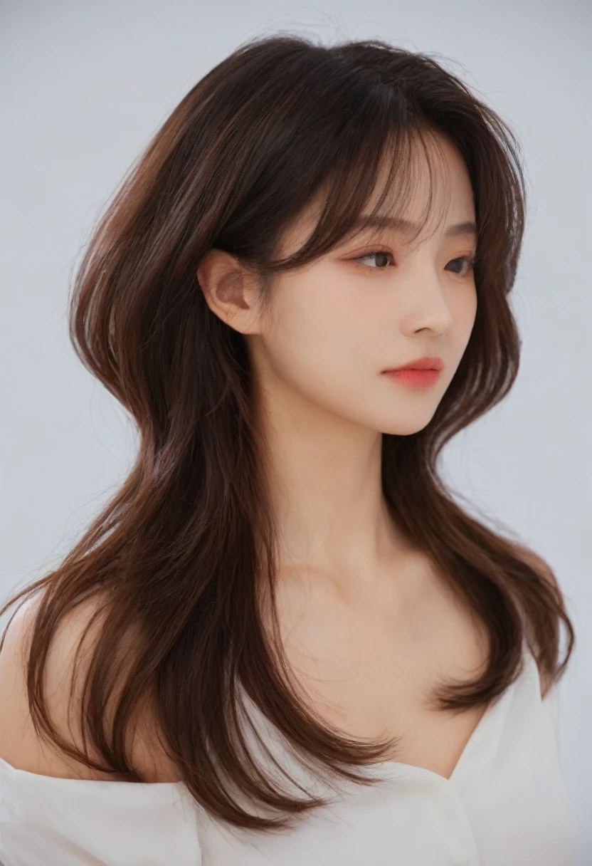 Best Quality, 8k, Masterpiece, (Portrait: 1.3), (photo realistic:1.4), (hyper realistic:1.4), Sharp Focus, looking at viewer, (smoother lighting:1.1), (increase cinematic lighting quality:0.9), realistic lighting, backlighting, light on face, ray trace, (brightening light:1.2), (Increase quality:1.4), sharp detail, (best quality real texture skin:1.4), finely detailed eyes, black_eyes, finely detailed face, 25 year old Korean woman, (white formal_shirt:1.4), (Create an image maintaining the original base model hairstyle:1.5)