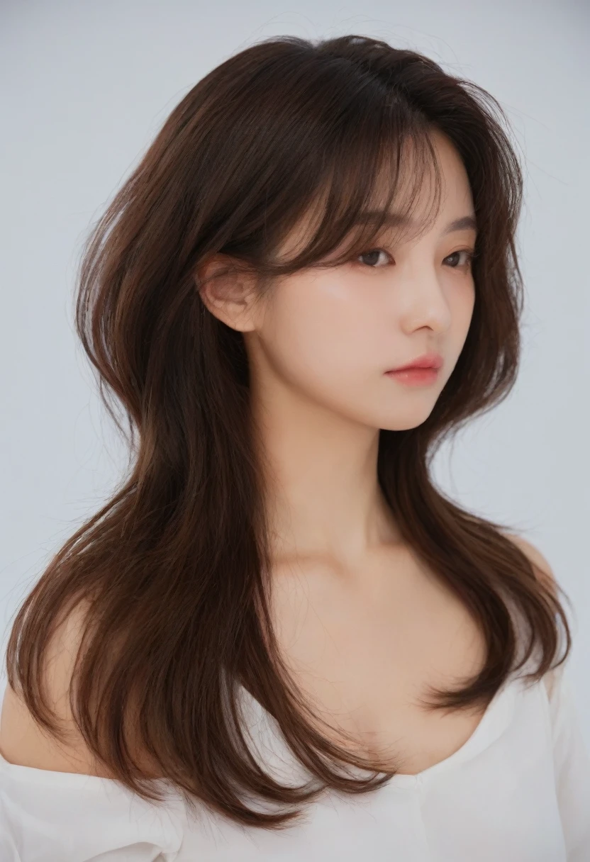Best Quality, 8k, Masterpiece, (Portrait: 1.3), (photo realistic:1.4), (hyper realistic:1.4), Sharp Focus, looking at viewer, (smoother lighting:1.1), (increase cinematic lighting quality:0.9), realistic lighting, backlighting, light on face, ray trace, (brightening light:1.2), (Increase quality:1.4), sharp detail, (best quality real texture skin:1.4), finely detailed eyes, black_eyes, finely detailed face, 25 year old Korean woman, (white formal_shirt:1.4), (Create an image maintaining the original base model hairstyle:1.5)