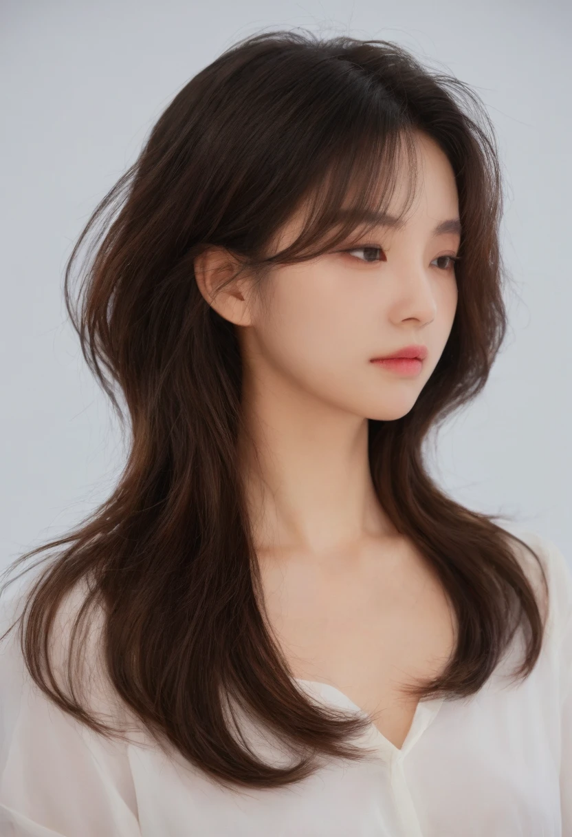Best Quality, 8k, Masterpiece, (Portrait: 1.3), (photo realistic:1.4), (hyper realistic:1.4), Sharp Focus, looking at viewer, (smoother lighting:1.1), (increase cinematic lighting quality:0.9), realistic lighting, backlighting, light on face, ray trace, (brightening light:1.2), (Increase quality:1.4), sharp detail, (best quality real texture skin:1.4), finely detailed eyes, black_eyes, finely detailed face, 25 year old Korean woman, (white formal_shirt:1.4), (Create an image maintaining the original base model hairstyle:1.5)