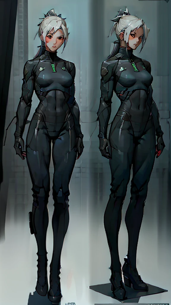 Beautiful cybernetic girl detailed muscles realistic masterpieces full figure pose (best quality,ultra-detailed), white hair in ponytail, fair skin, fit body, slim figure, narrow waist, (cocky expression), black carbon fiber cybernetic mobile combat suit, concept art