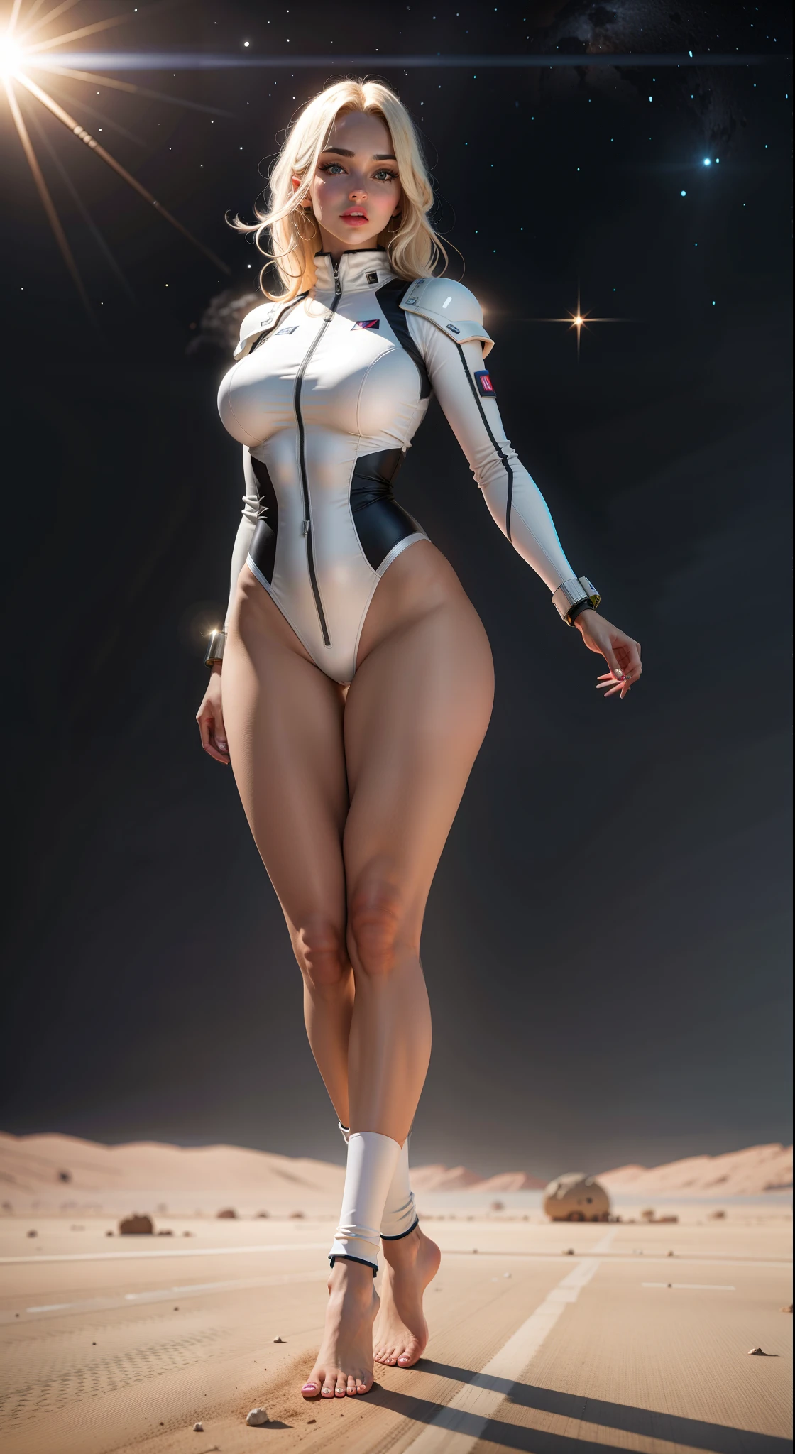 High resolution image of muscular blonde white skin woman, showing full body, breasts big, big-ass, wearing futuristic space sexy outfit, walking on deserted Mars, With Sun, looking at camera, perfect italian style face, fine nose, pink mouth lips, cloused mouth, well-defined eyes with blue irises, show beautiful legs, show your two beautiful feet, beautiful toes, 8K ultra resolution