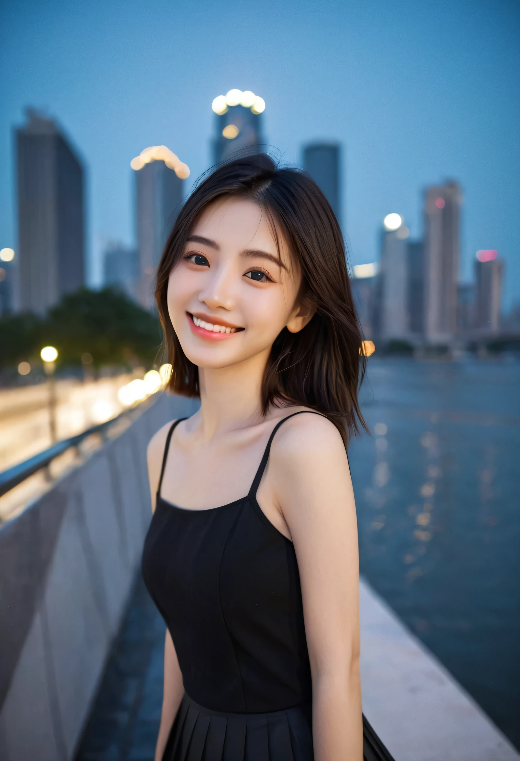 (original photo, best quality), (Practical, photoPractical: 1.2), (Round Face: 1), 1 girl, Outdoor selfie, (High Detail Skin: 1.2), (Puffy eyes), (Eye bags), Smile, clavicle, water, Brown and black straight hair, Pure black pleated skirt, Soft lighting, high quality, city View, Skyline, night, rain, wet, Professional lighting, Photon Mapping, Radiosity, Physically Based Rendering,