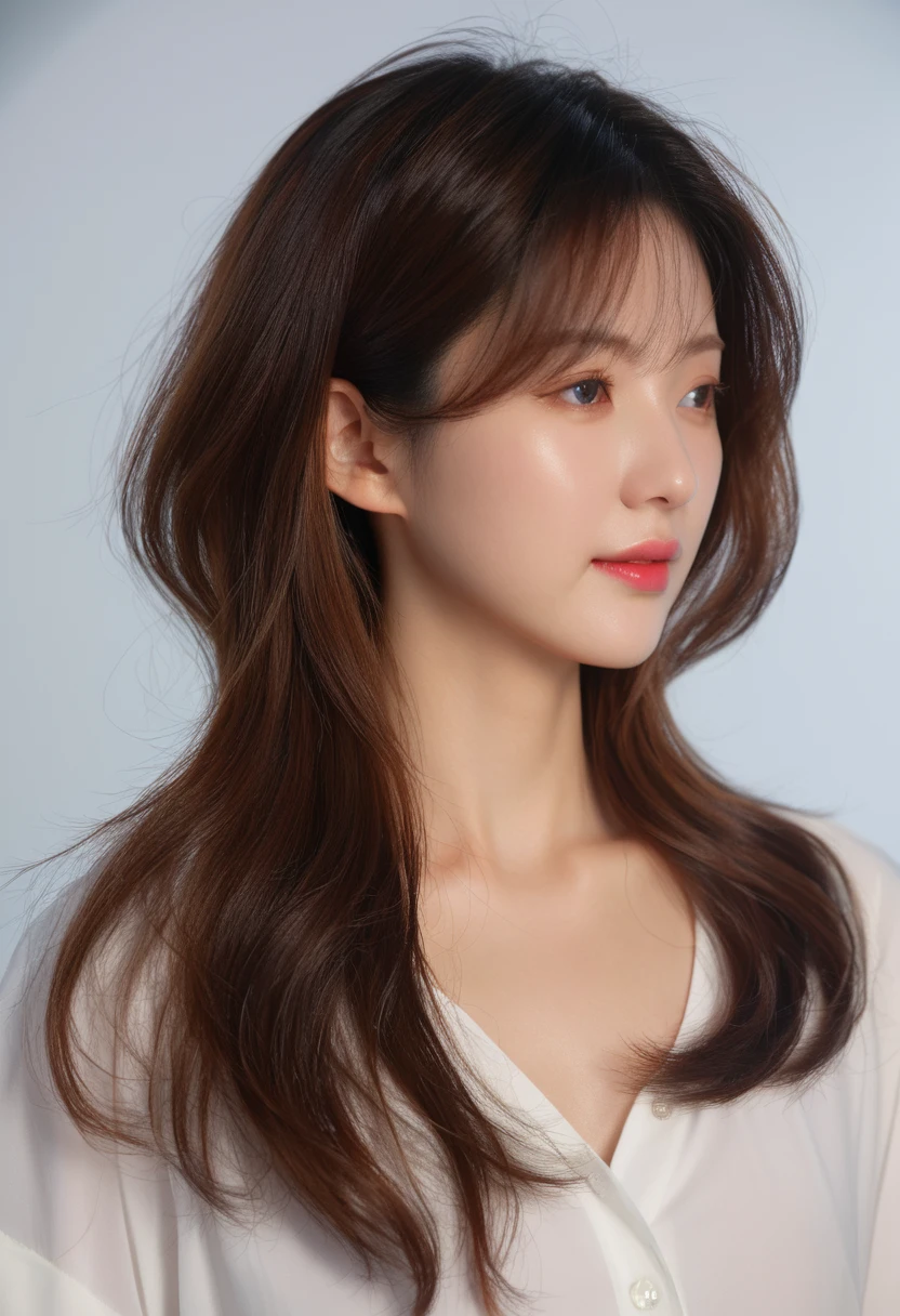 Best Quality, 8k, Masterpiece, (Portrait: 1.3), (photo realistic:1.4), (hyper realistic:1.4), Sharp Focus, looking at viewer, (smoother lighting:1.1), (increase cinematic lighting quality:0.9), realistic lighting, backlighting, light on face, ray trace, (brightening light:1.2), (Increase quality:1.4), sharp detail, (best quality real texture skin:1.4), finely detailed eyes, black_eyes, finely detailed face, 25 year old Korean woman, (white formal_shirt:1.4), (Create an image maintaining the original base model hairstyle:1.5)