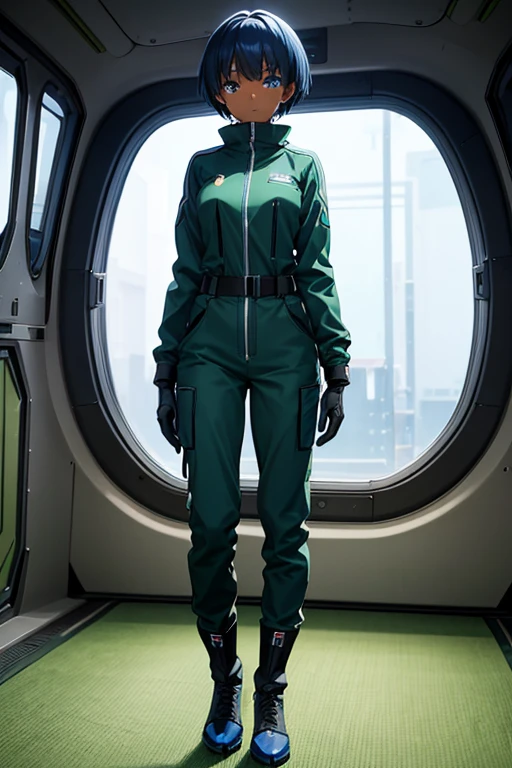 Anime Art、Full body portrait、Inside the spaceship、A dark-skinned woman, around 15 years old, standing upright, about 155cm tall, wearing a dark green jumpsuit、Crying face、Blue Eyes、Short medium hairstyle、Blue Hair、gloves、sports boots
